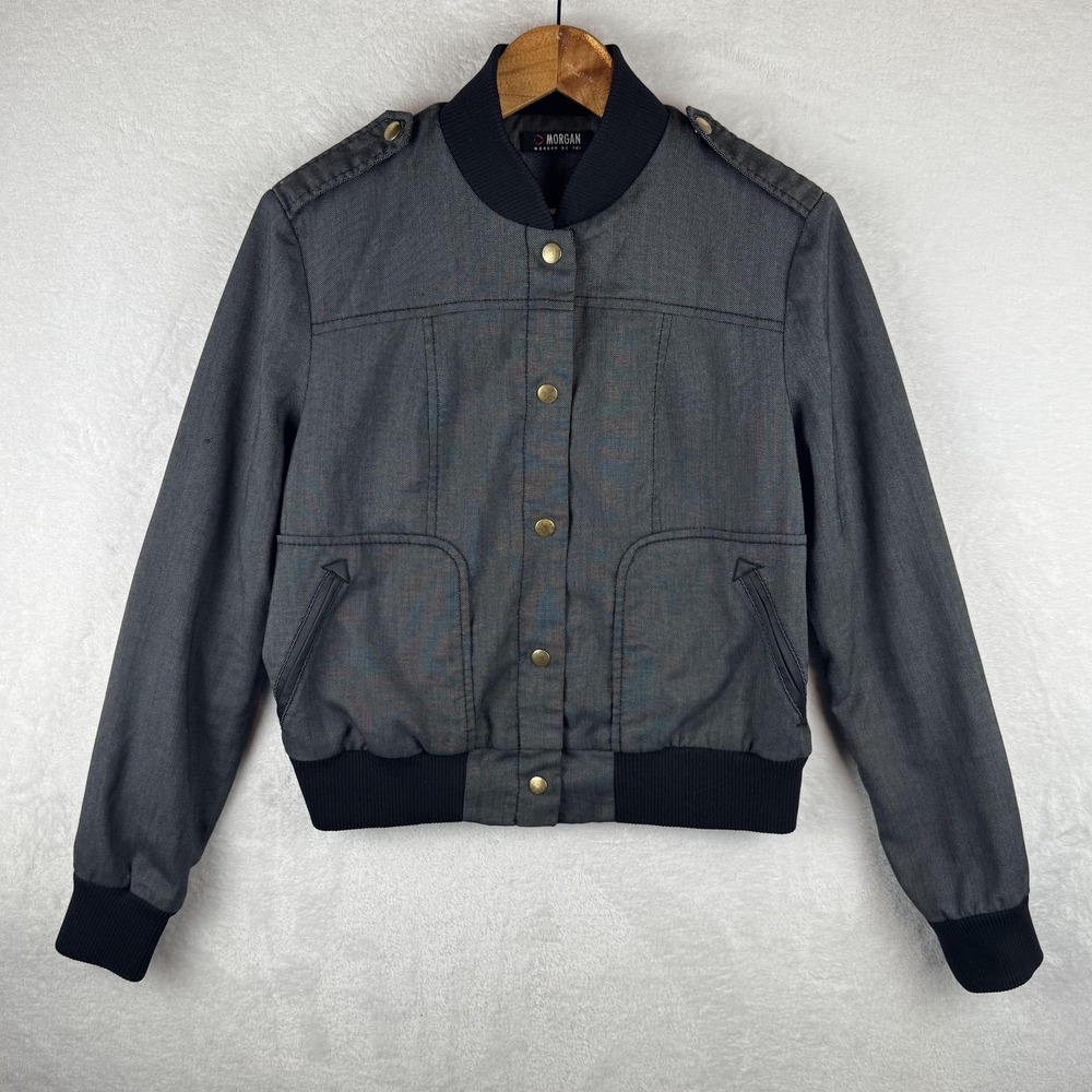 Vintage Morgan De Toi Jacket Womens S‎ Gray Bomber Snap Front Heart Lined Twill